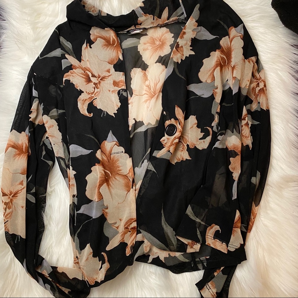 Black button up loose sweater with flowers